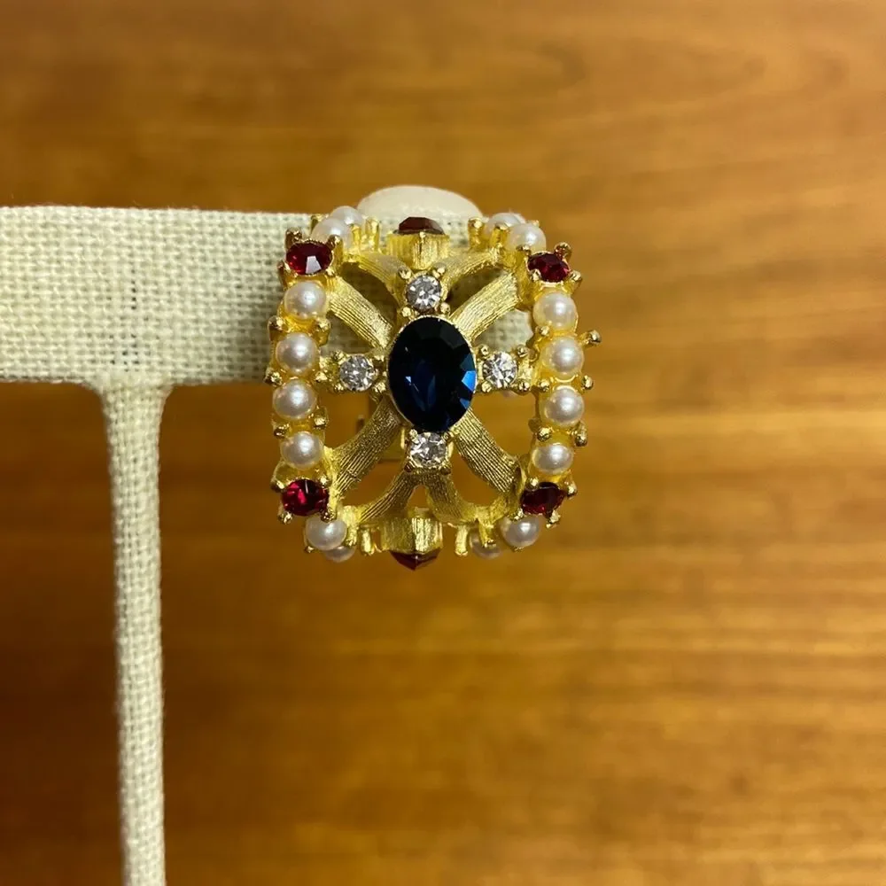 Roxanne Assoulin Gold Tone Faux Pearl Red & Blue Rhinestone Clip On Earrings